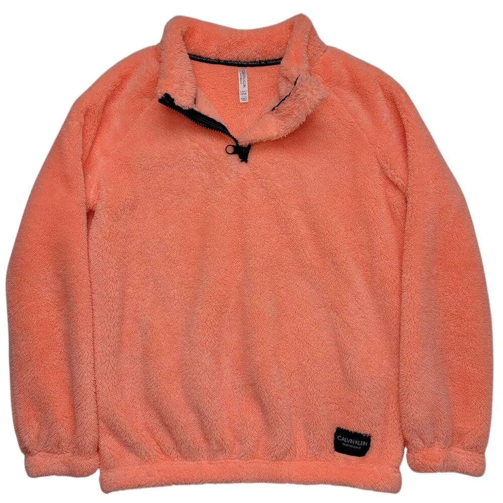 Calvin Klein Girls Performance Sherpa Quarter Zip Pullover Bright Coral Large - Picture 2 of 10